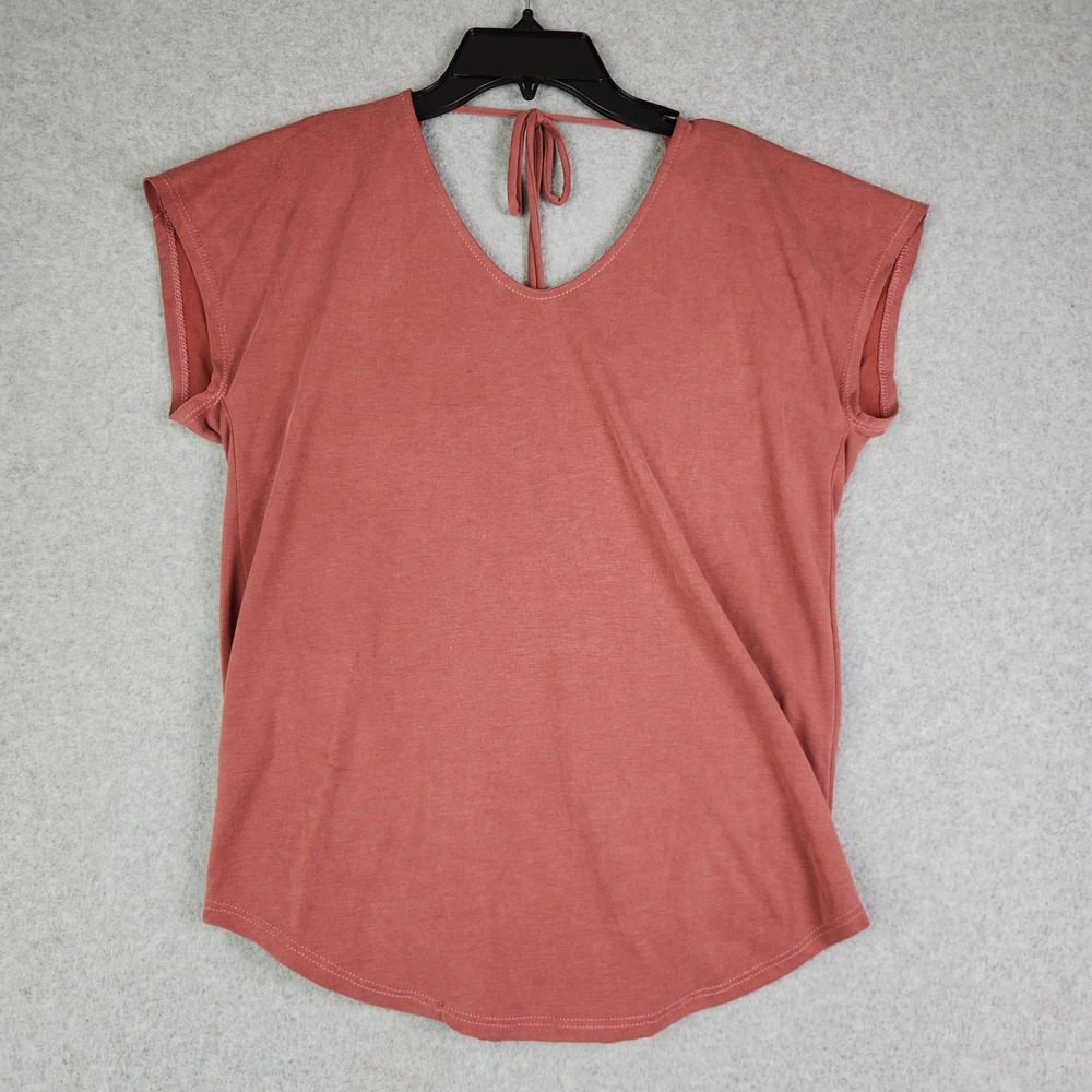 Green Envelope Blouse Womens S‎ Coral Short Sleeve Surplice Tie Back Curved Hem